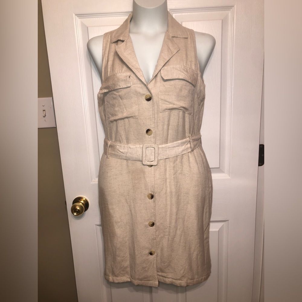 Sim & Sam Size L Linen Blend Lined Tan Sleeveless Button Up Shirt Dress w/ Belt